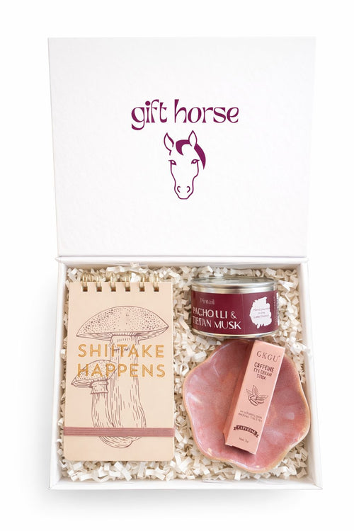 AMERICANPAINT.jpg: AMERICAN PAINT luxury gift box open showing scented candle, notebook, eye cream and trinket dish